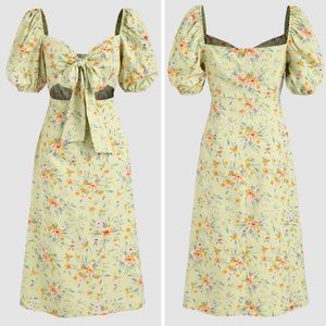 NWT Floral Bowknot Puff Sleeve Cut Out Stomach Midi Dress